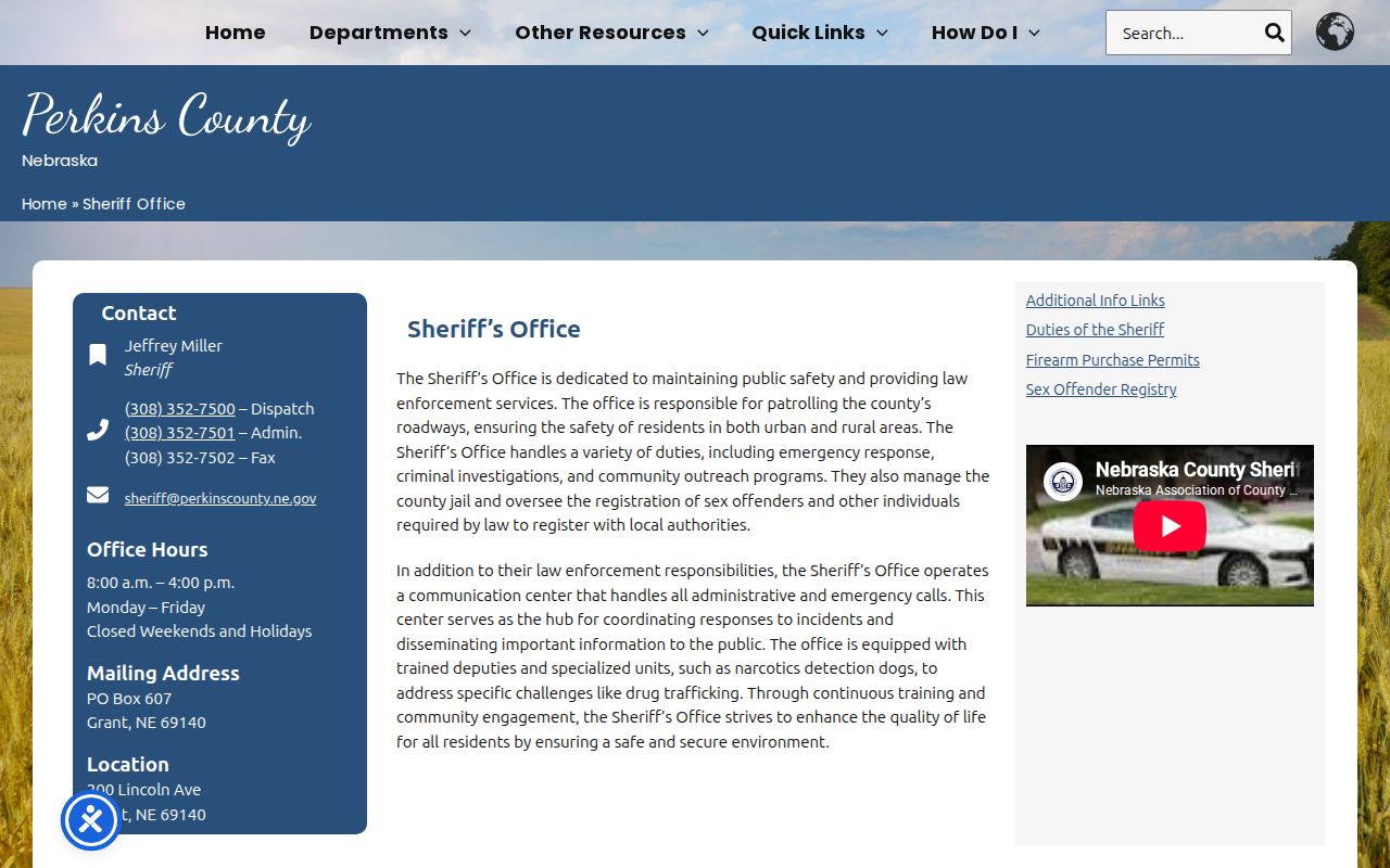 Perkins County arrest records sheriff contact page
